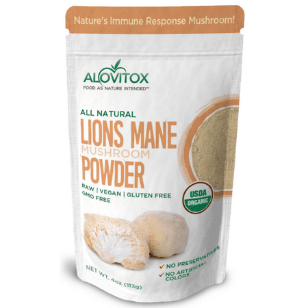 Alovitox Organic Lions Mane Mushroom Powder | Improve Cognitive and Immune Support | Promotes Mental Clarity  Focus and Memory  Mushroom Supplement Vegan & Gluten-Free 4oz